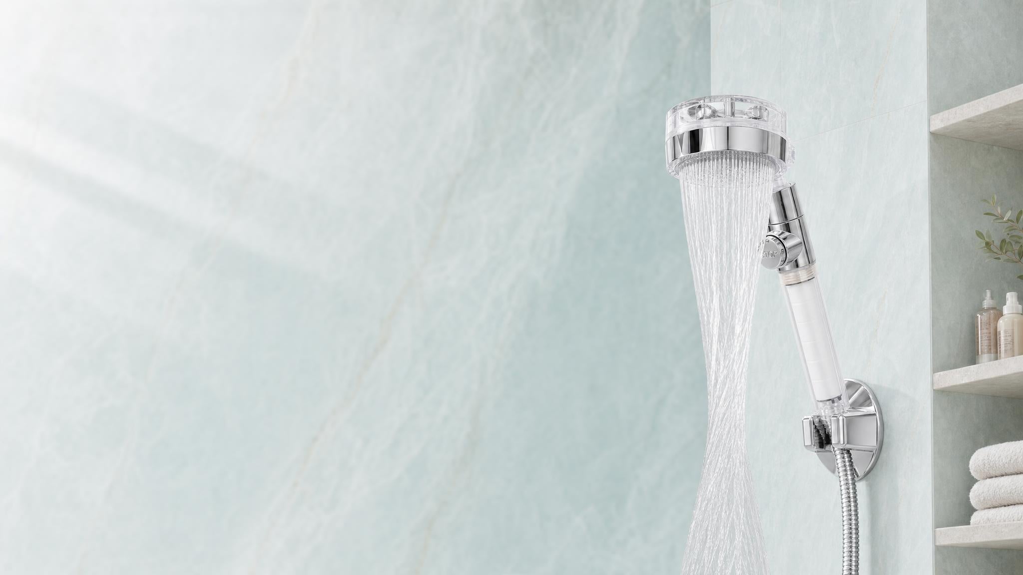 Filtered turbo shower head in a bright shower